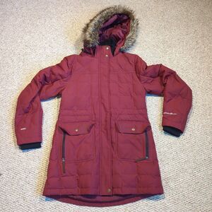 Eddie Bauer Yukon Classic Down Parka Coat Womens Small Maroon Faux Fur Hood